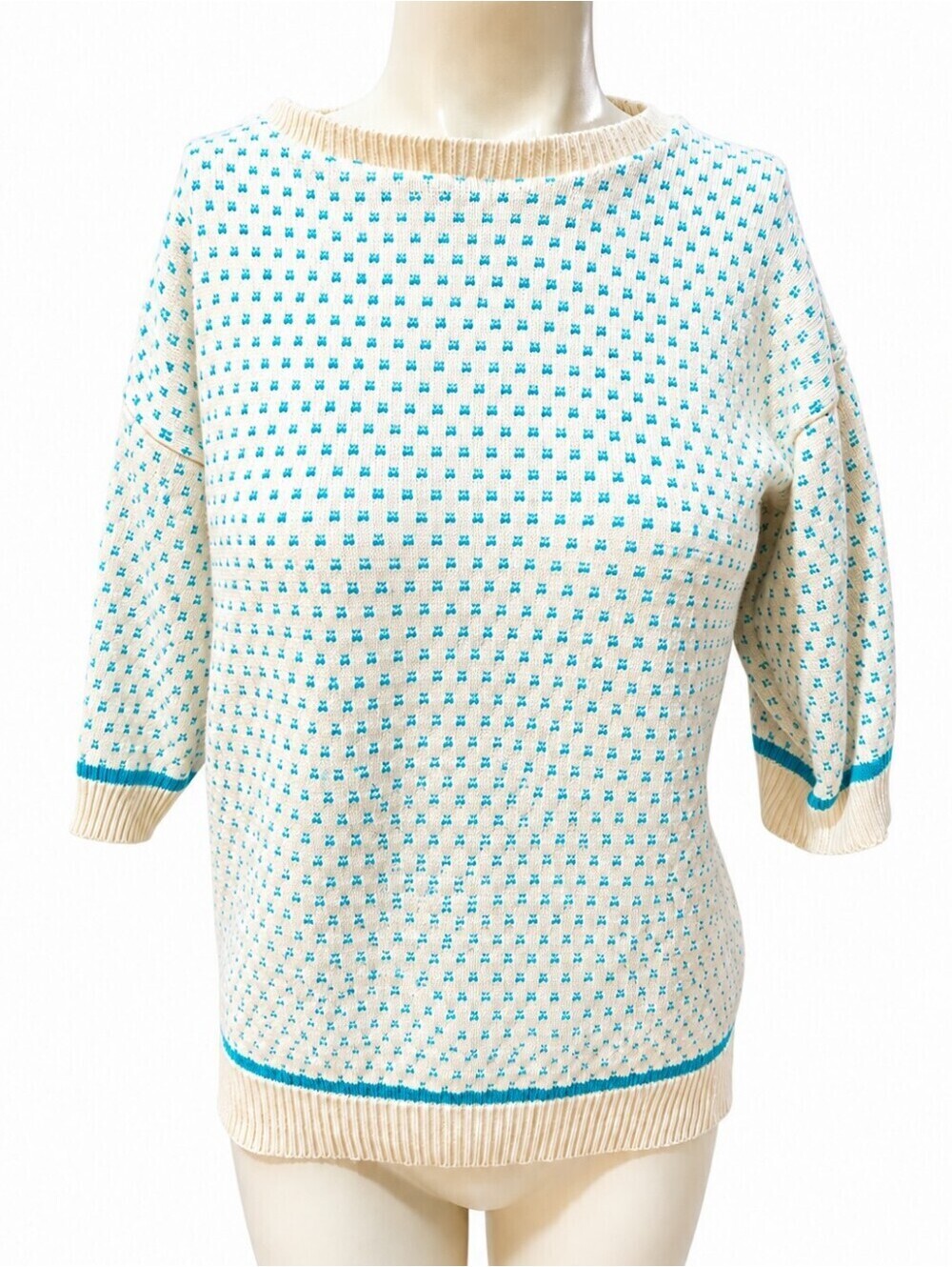Vintage USA 100% Cotton Sweater Cream Turquoise Blue Geometric Knit